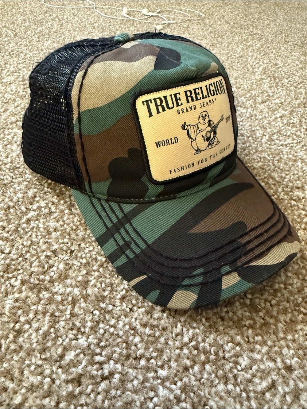 True Religion Camo Trucker Hat in Green and Brown with Black Mesh